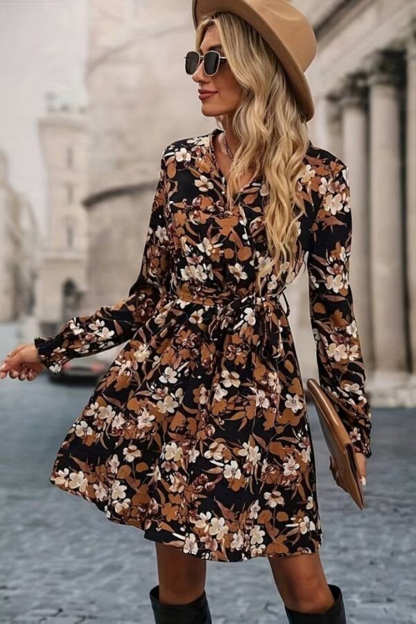 Kadın Uzun Kollu Kruvaze Yaka çiçek Desenli Dalgıç Elbise