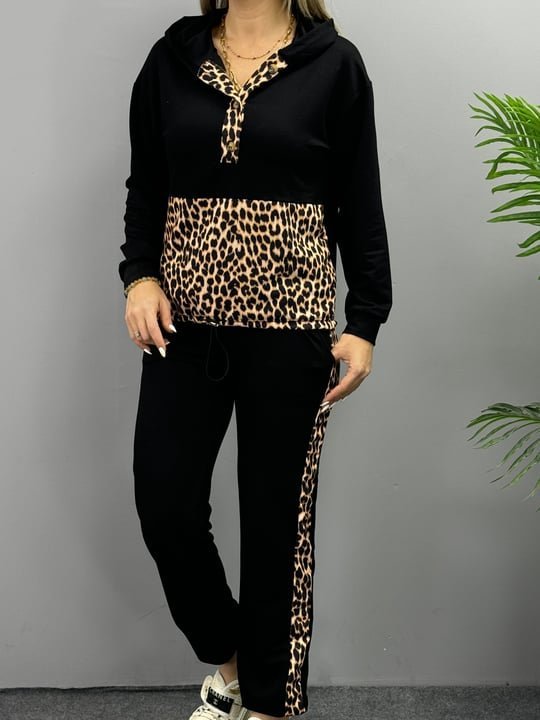 Kadın Uzun Kollu Kapşonlu Leopar Desen Detaylı Viskon Iki Iplik Bluz Ve Pantolon Ikili Takım - Görsel 6