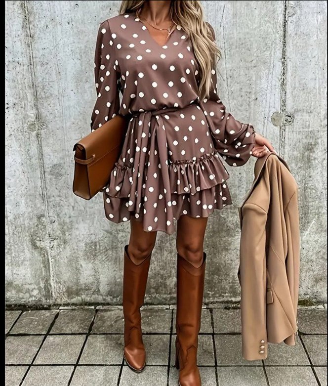 Kadın Uzun Kollu V Yakalı Belden Kuşaklı Puantiyeli Mini Modal Elbise - Görsel 8