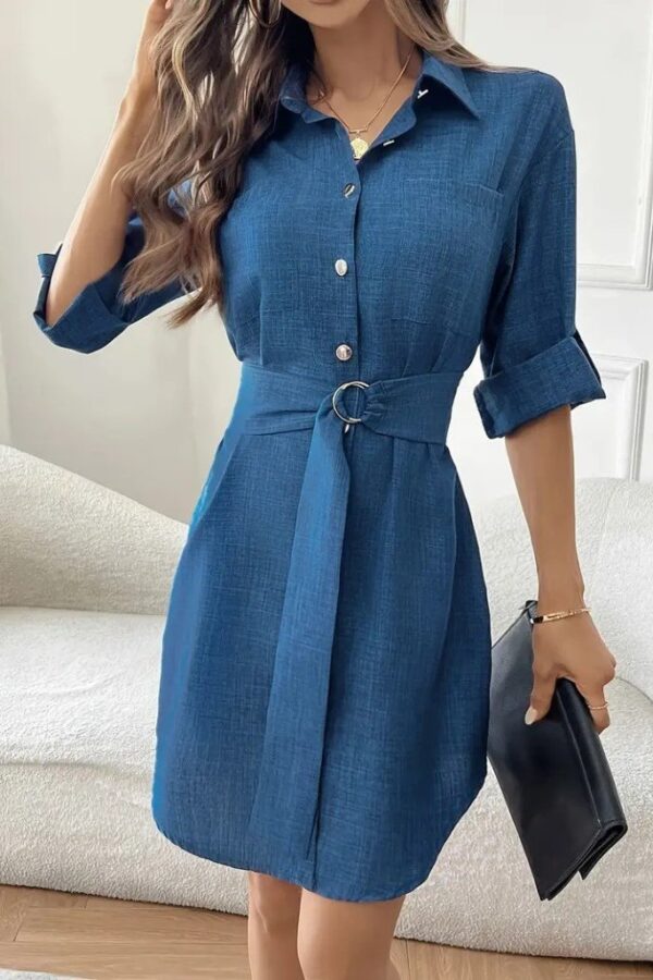 Kadın Uzun Kollu Yakalı önden Düğmeli Beli Kuşaklı Mini Ithal Keten Elbise