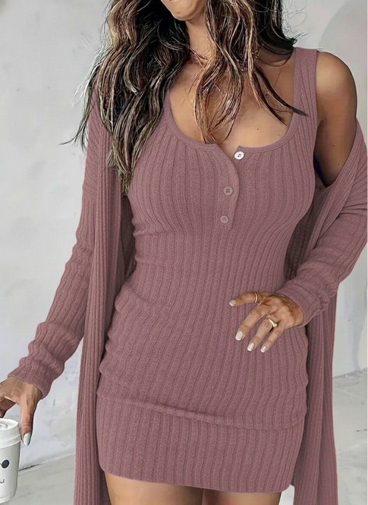 Kadın Askılı Yuvarlak Yakalı önü Düğmeli şardonlu Kaşkorse Mini Elbise Ve Kısa Ceket - Görsel 13