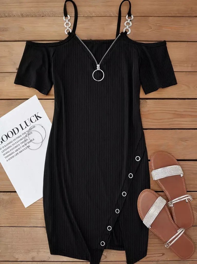 Kadın Askılı önü Fermuarlı Asimetrik Kesim Detaylı Kalın Fitilli Kaşkorse Elbise - Görsel 7