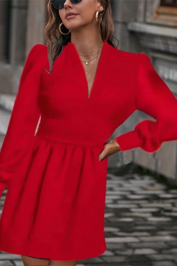 Kadın Uzun Kollu V Yaka Belden Hafif Pileli Scuba Krep Mini Boy Elbise