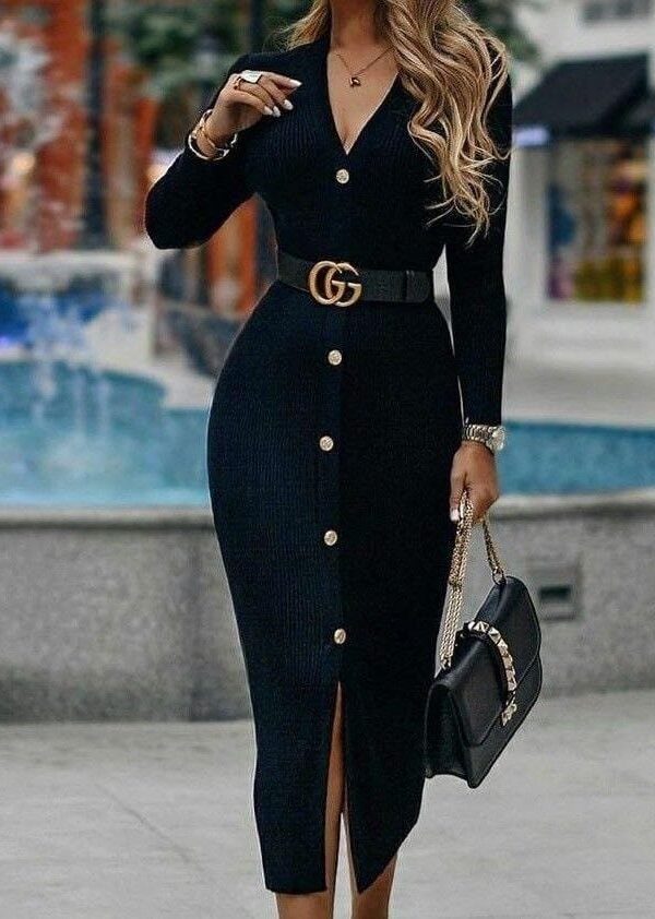 Kadın Uzun Kollu Burgulukumaş V Yaka Düğme Ve Aksesuarlı Kemer Detay Elbise