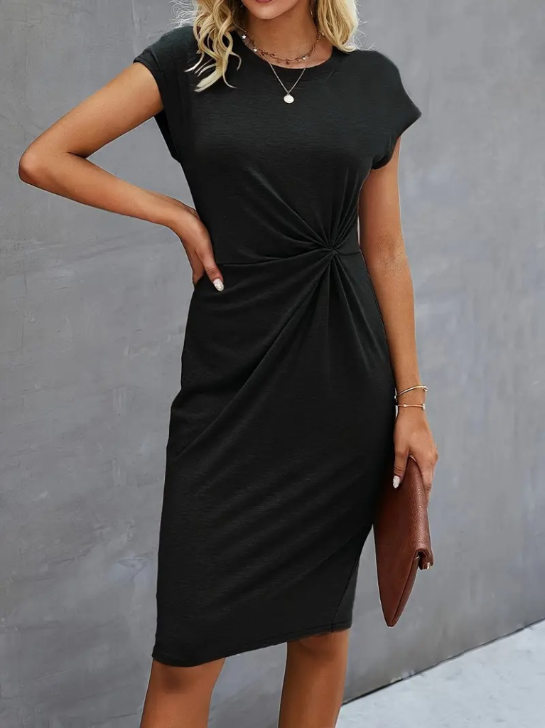 Kadın Kısa Kollu Bisiklet Yaka Yandan Büzgülü Midi Viskon Elbise