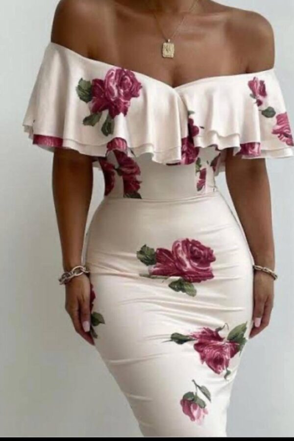 Kadın Madonna Yaka çiçek Baskılı Volan Detay Kalem Elbise