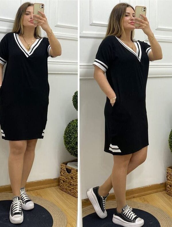 Kadın V Yaka Ribana Detaylı Cepli Dizüstü Viskon Elbise