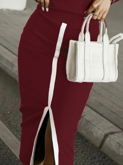 Kadın Uzun Kollu Bisiklet Yaka Kaşkorse Bluz Ve Yırtmaçlı Etek Ikili Takım - Görsel 7