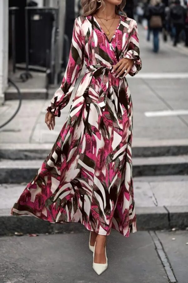 Kadın Uzun Kollu Kruvaze Yaka Belden Kuşaklı Desenli Süprem Elbise