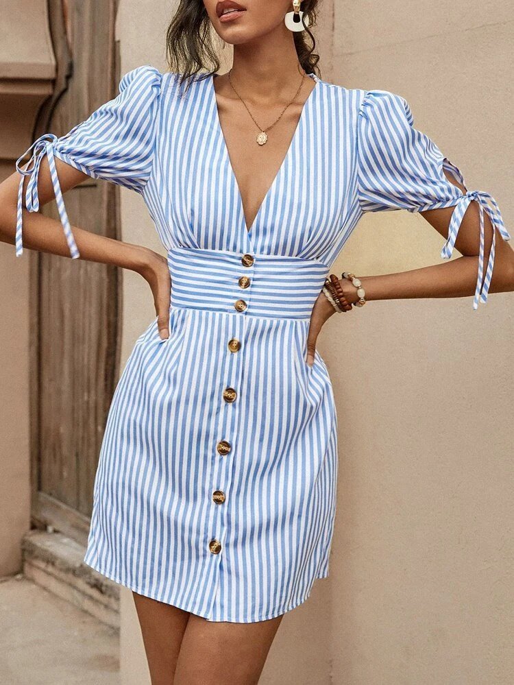 Kadın Kısa Bağcıklı Kol Kruvaze Yaka önden Düğmeli Kısa Poplin Elbise - Görsel 3