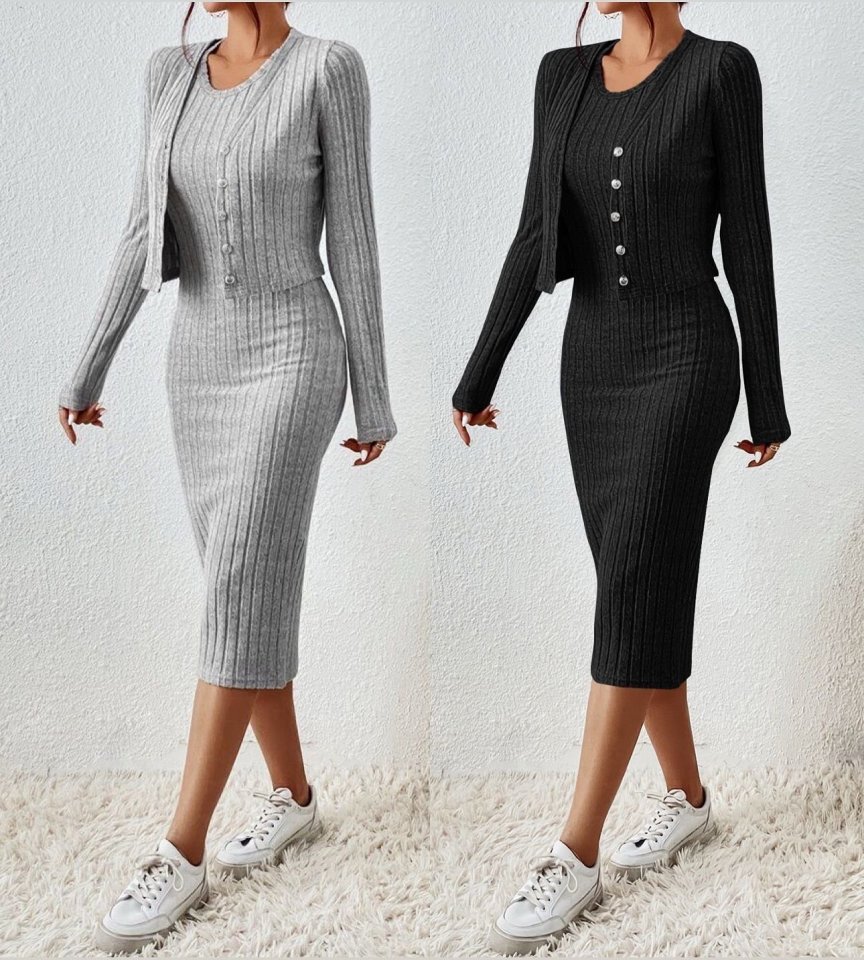 Kadın Uzun Kollu şardonlu Kaşkorseönü Düğmeli Mini Boy Elbise Ikili Takım - Görsel 8