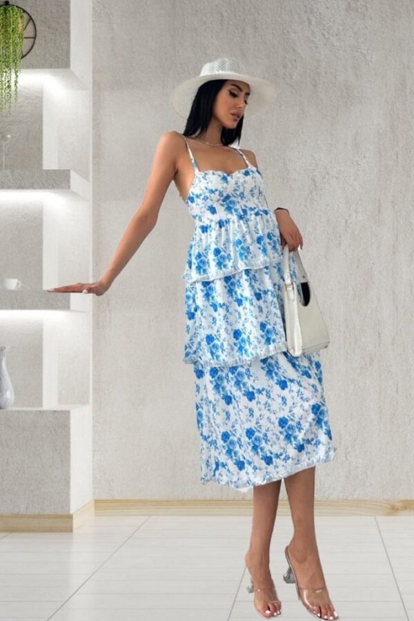 Kadın Sıfır Kol Askılı Dekolteli Yırtmaç Detay çiçek Baskılı Süprem Midi Elbise