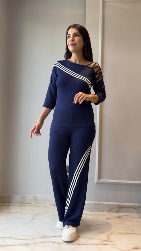 Kadın Uzun Kollu Truvakar Kol Tek Omuz çapraz şerit Detaylı Ribanalı Viskon Iki Iplik Bluz Ve Pantolon Ikili Takım - Görsel 11