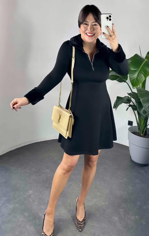 Kadın Uzun Kollu Yaka Ve Manşetleri Peluş Detay Fermuar Dekolteli Mini Elbise - Görsel 7