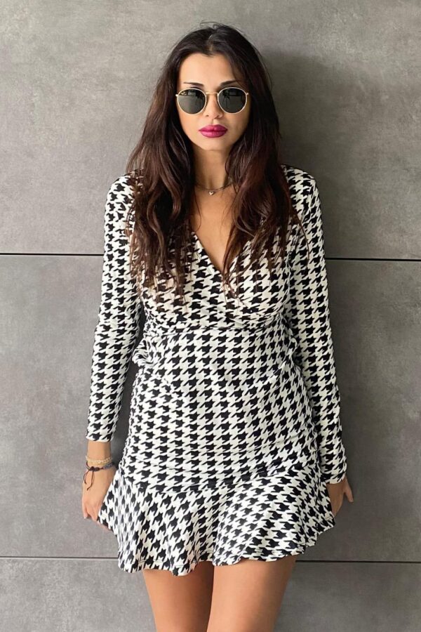 Kadın Uzun Kollu Kruvaze Yaka Kazayağı Mikro Mini Boy Elbise