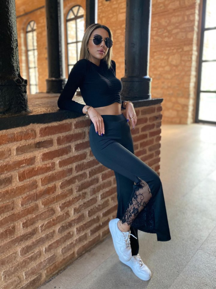 Kadın Dantel Eklemeli Ispanyol Paça Scuba Tayt Pantalon - Görsel 8