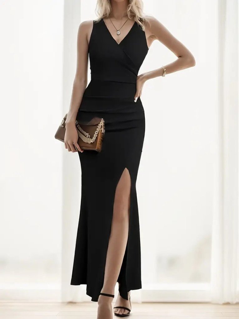 Kadın Askılı Kruvaze Yaka Yırtmaç Detaylı Janjan Krep Elbise - Görsel 5