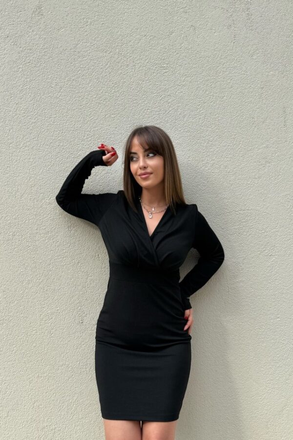 Kadın Uzun Kollu Kruvaze Yaka Krep Mini Boy Elbise