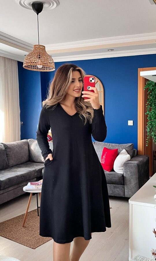 Kadın Uzun Kollu V Yakalı Salaş Midi Iki Iplik Elbise