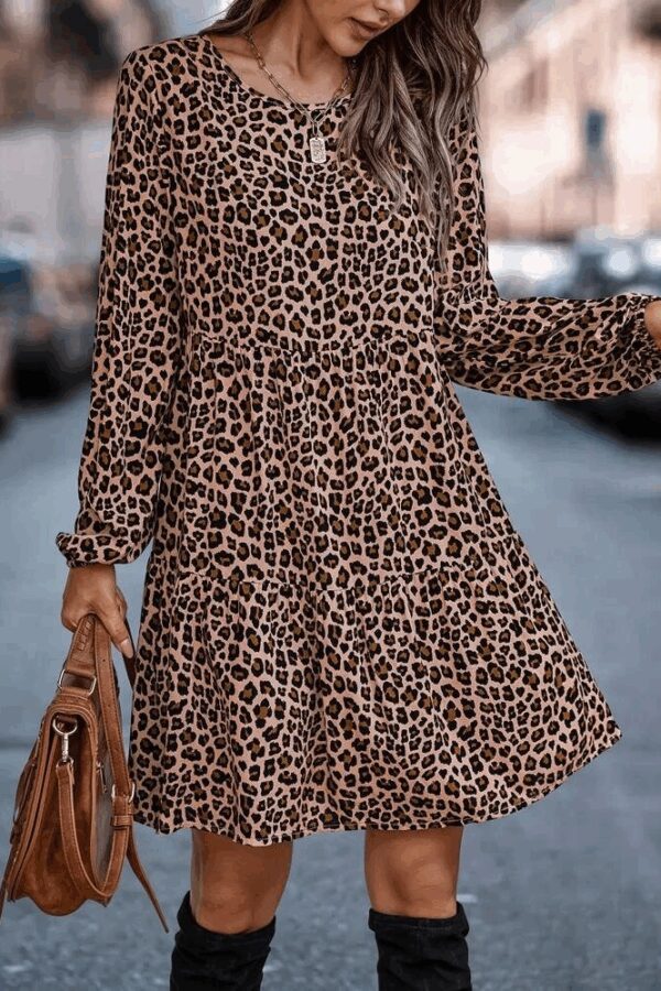 Kadın Uzun Kollu Bisiklet Yaka Leopar Desen Kesik Elyaf Kumaş Elbise