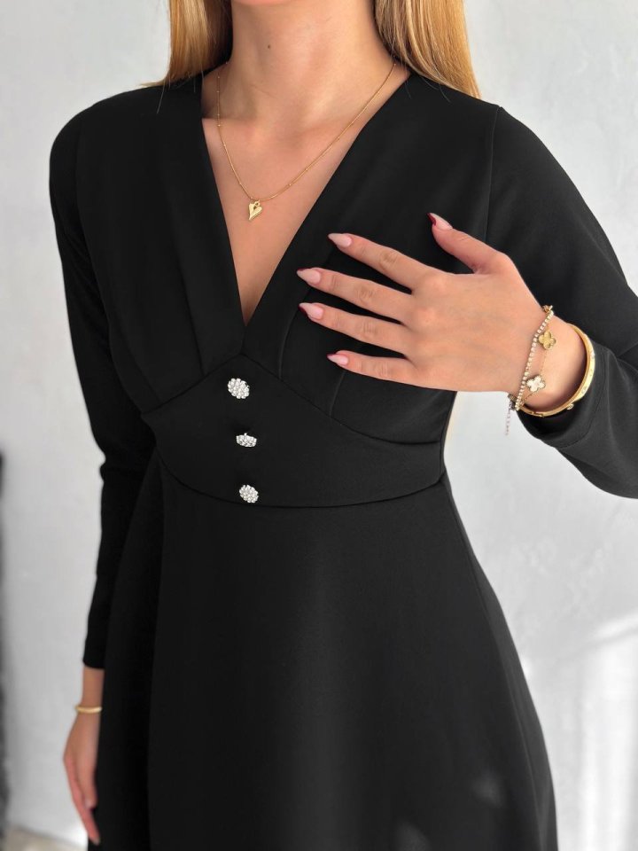 Kadın Krep Kumaş Düğme Detaylı V Yaka Uzun Kollu Midi Boy Elbise - Görsel 2