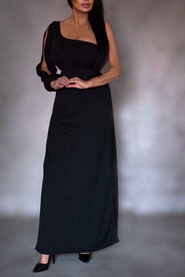 Tek Omuz Açık Derin Yırtmaçlı Krep Tam Boy Elbise