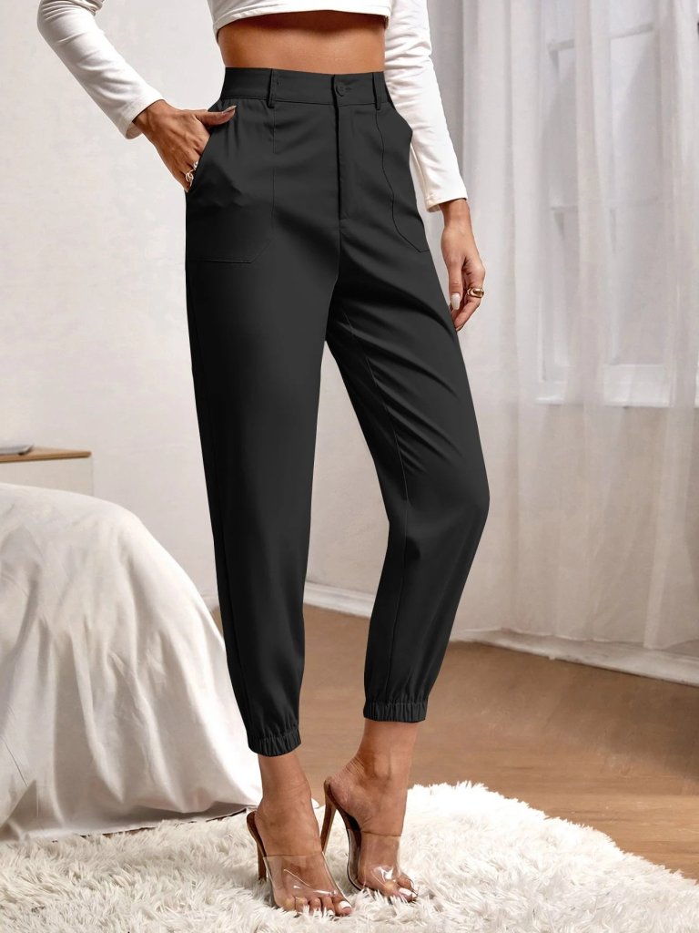 Kadın Yüksek Bel Cepli Paçası Lastikli Ithal Krep Pantolon - Görsel 3