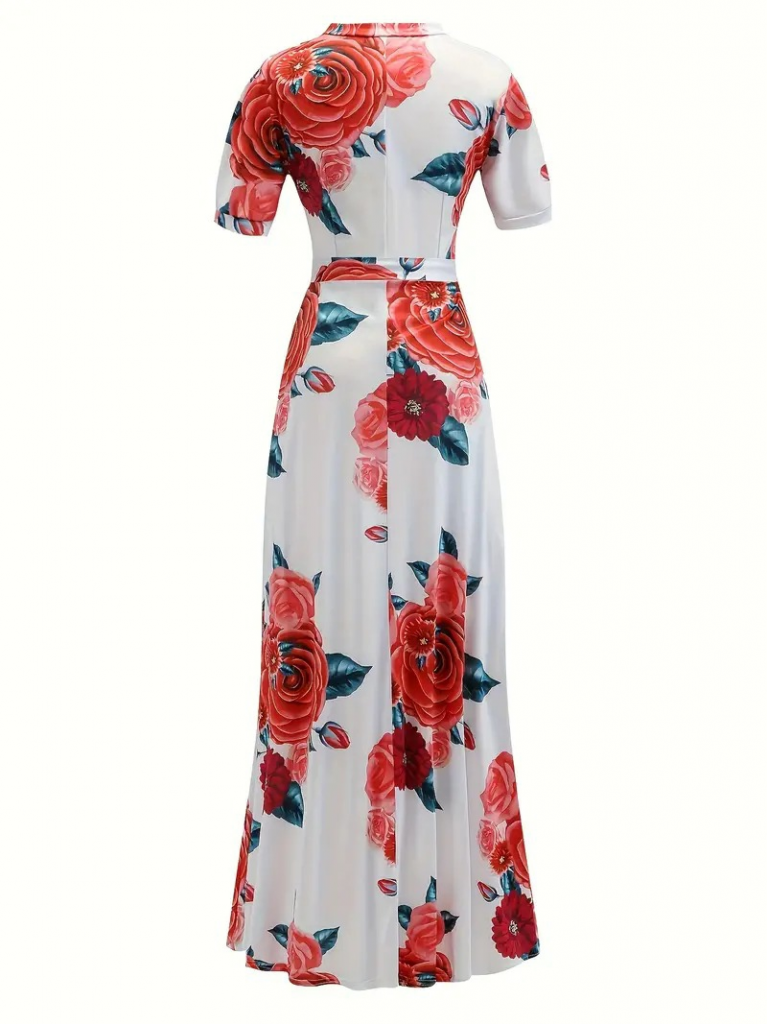 Kadın Kısa Kollu Pencere Detay Gül Baskılı Tam Boy Kiloş Elbise - Görsel 5