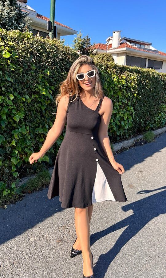 Kadın Tek Omuzu şerit Detaylı Sıfır Kol Yandan Düğme Detaylı Janjan Krep Elbise