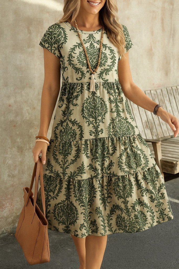 Kadın Kısa Kollu Bisiklet Yaka Desenli Fırfırlı Süprem Elbise - Görsel 15