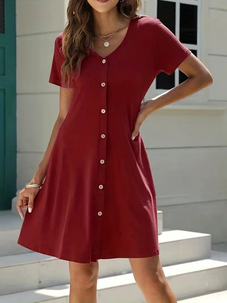 Kadın Kısa Kollu V Yaka önü Düğmeli Viskon Elbise - Görsel 10