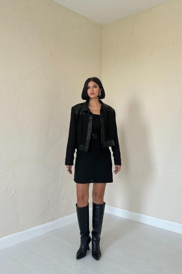 Ekru Üçlü Deri Garnili Ceket Ve Pantolon Takım