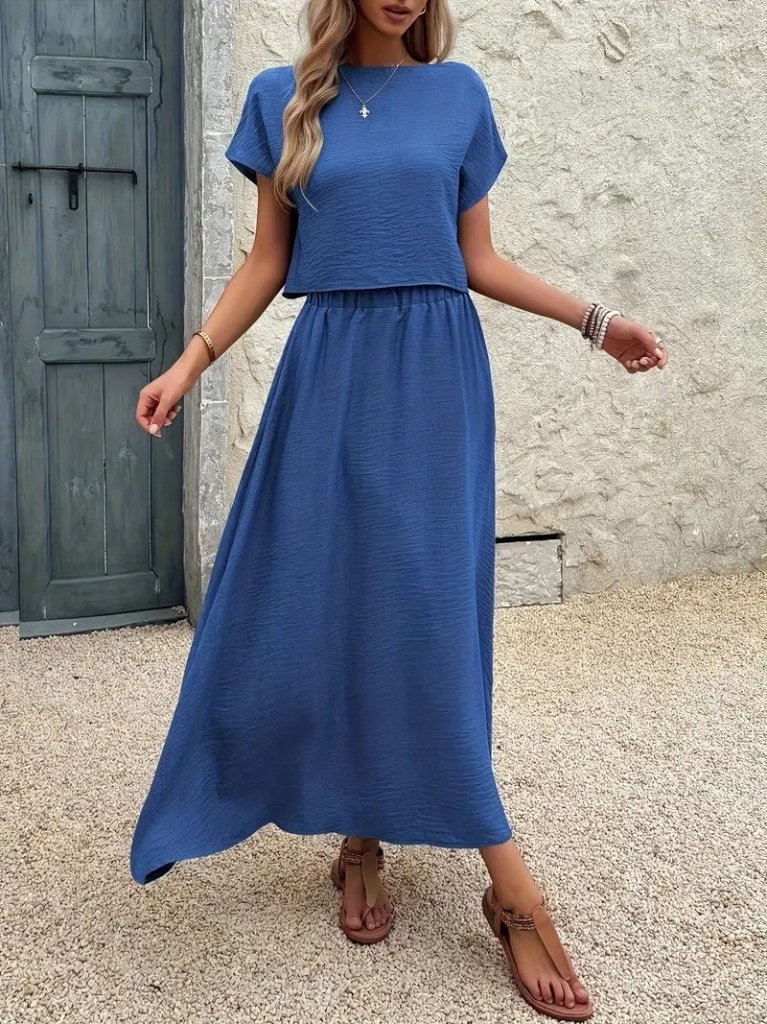 Kadın Kısa Kollu Bisiklet Yaka Bluz Etekli Ithal Keten Ikili Takım - Görsel 2