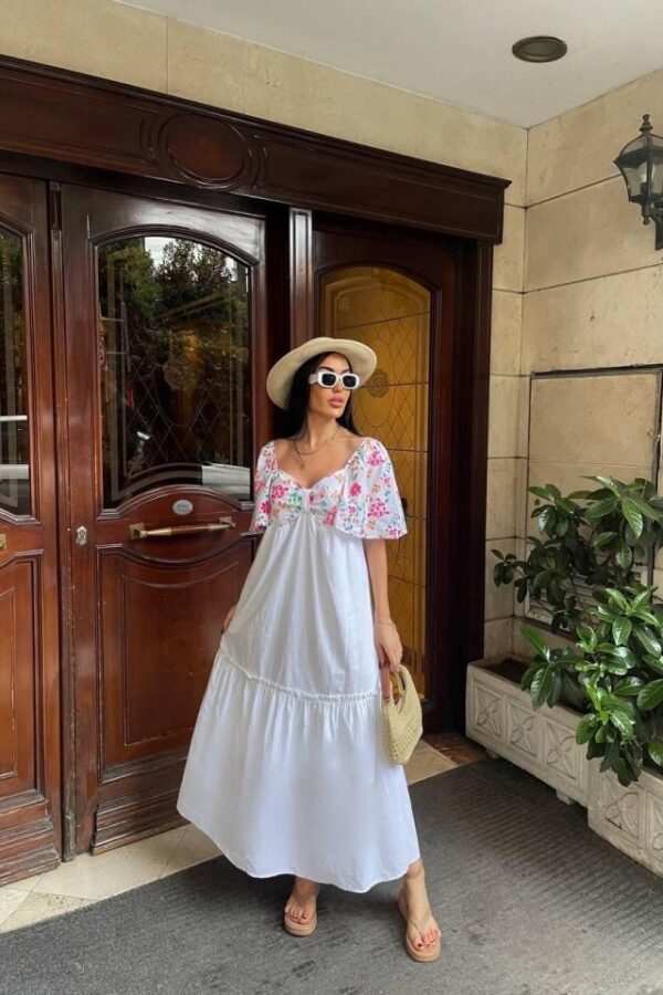 RENKLİ NAKIŞ DESENLİ ELBİSE - Beyaz