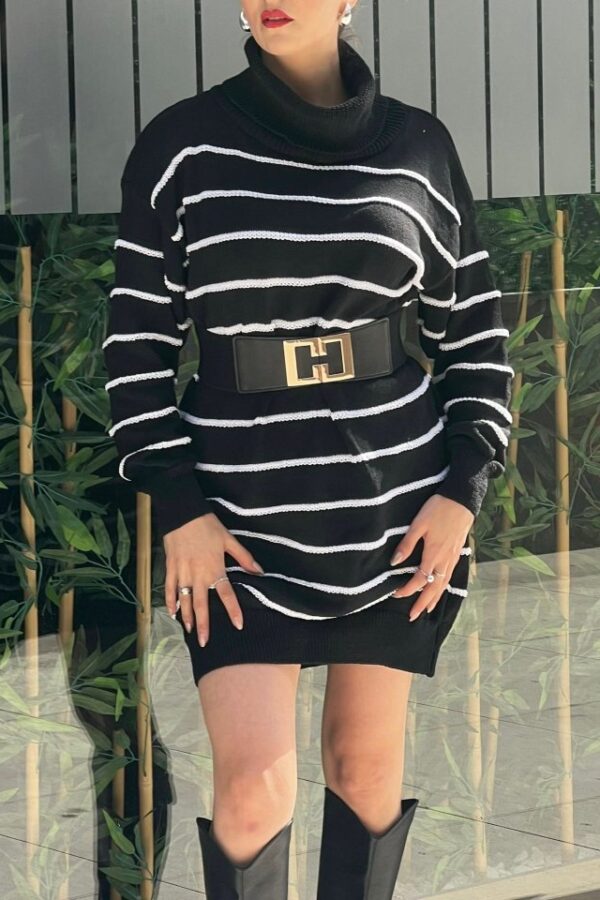 Kadın Uzun Kollu Degaje Yaka çizgili Sonya Iplik Mini Boy Triko Elbise (kemersiz)