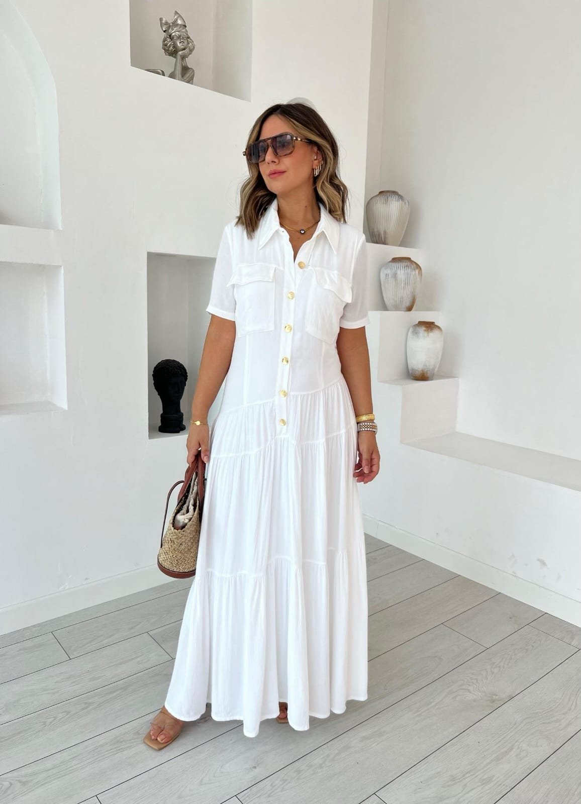 Kadın Dokuma Kumaş Cep Detaylı Maxi Boy Gömlek Elbise - Görsel 2