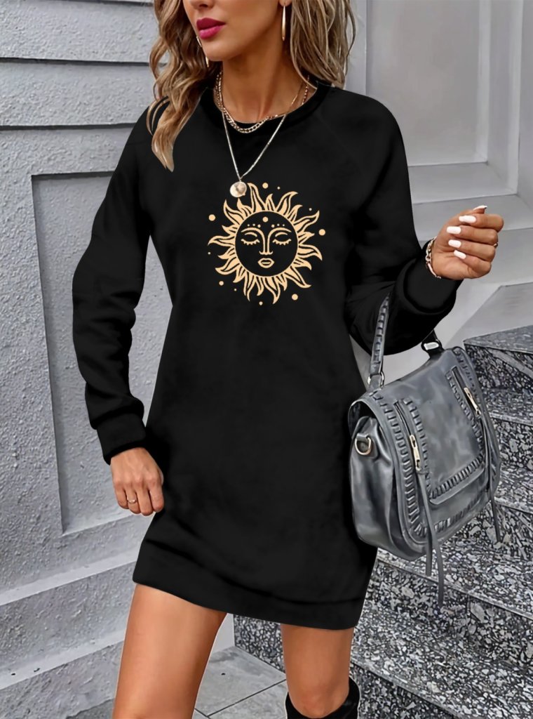 Kadın Uzun Kollu Bisiklet Yaka Güneş Desenli Viskon Iki Iplik Elbise - Görsel 4