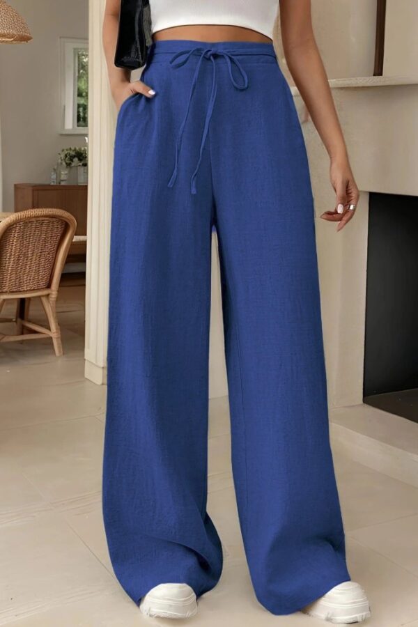 Kadın Yüksek Bel Bağcıklı Geniş Paçalı Uzun Bürümcük Pantolon