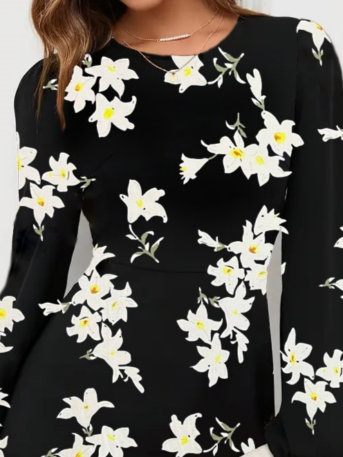 Kadın Uzun Kollu Bisiklet Yaka Desenli Kısa Krep Elbise - Görsel 2