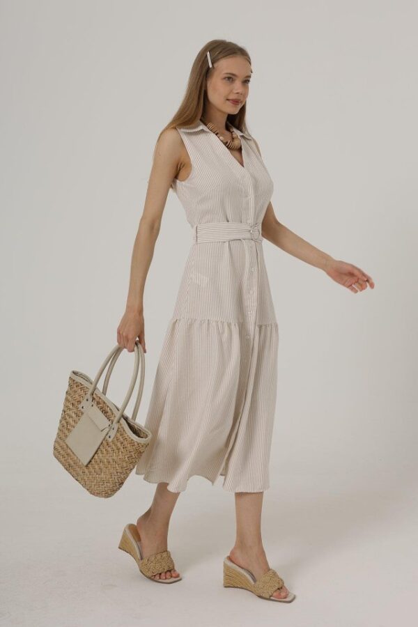 Kemerli Çizgili Elbise - Mavi