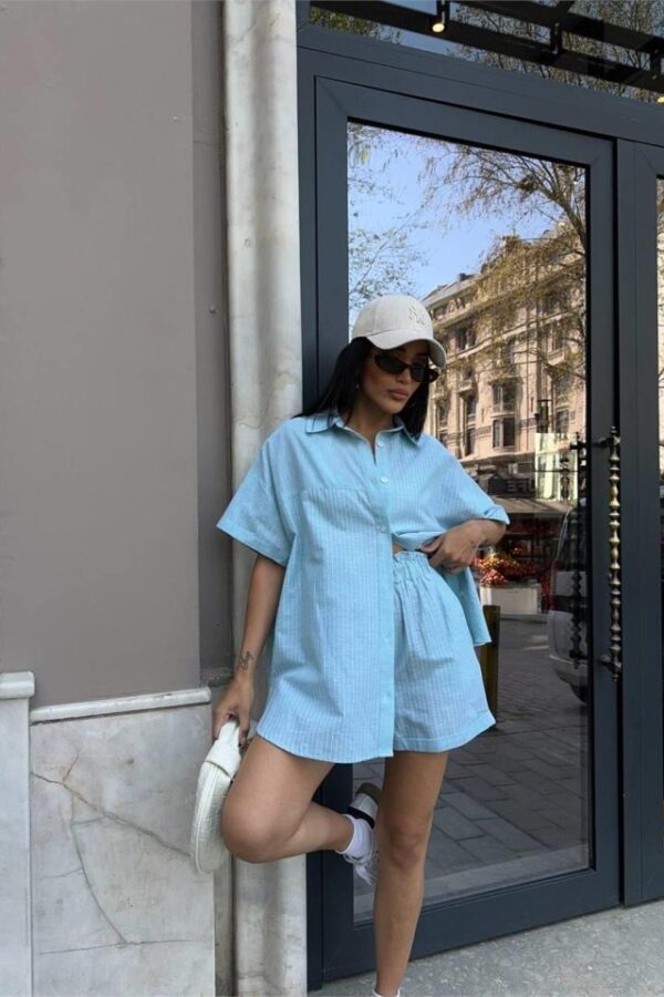 ÇİZGİLİ PARÇALI KETEN GÖMLEK-ŞORT TAKIM - Yeşil