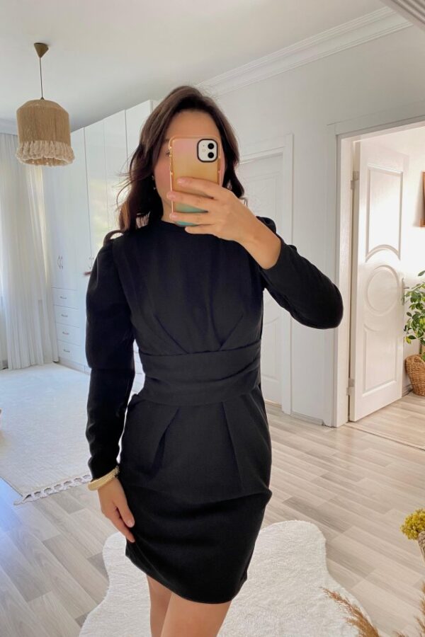 Kadın Uzun Kollu Bisiklet Yaka Bel Kemer Detay Ithal Krep Elbise