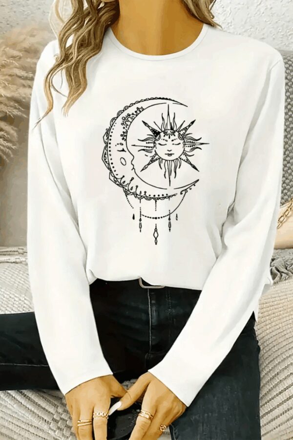 Kadın Uzun Kollu Bisiklet Yaka Ay Baskılı Viskon Bluz