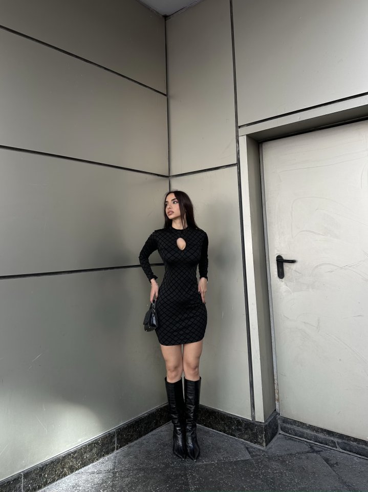 Kadın Uzun Kollu Damla Detay Flok Baskı Dalgıç Mini Elbise - Görsel 5