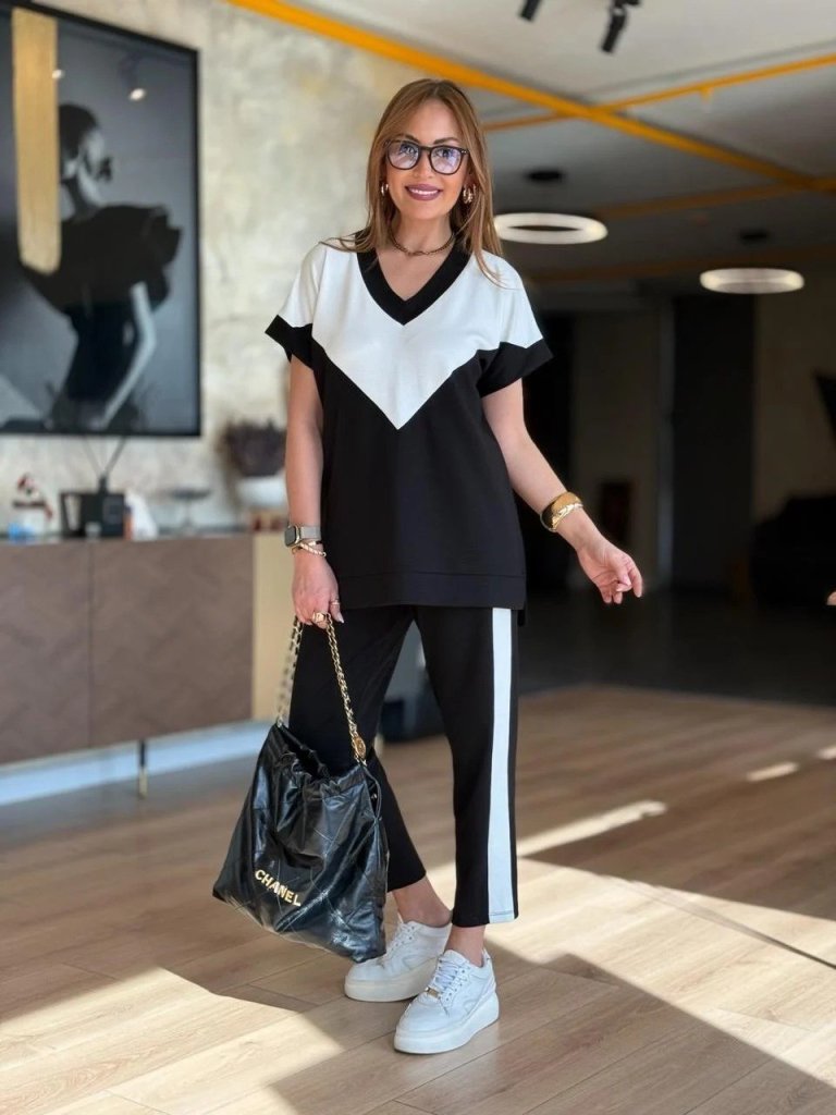 Kadın Kısa Kollu V Yaka Siyah Beyaz Renkli Viskon Iki Iplik Kumaş Eşofman Takımı - Görsel 5