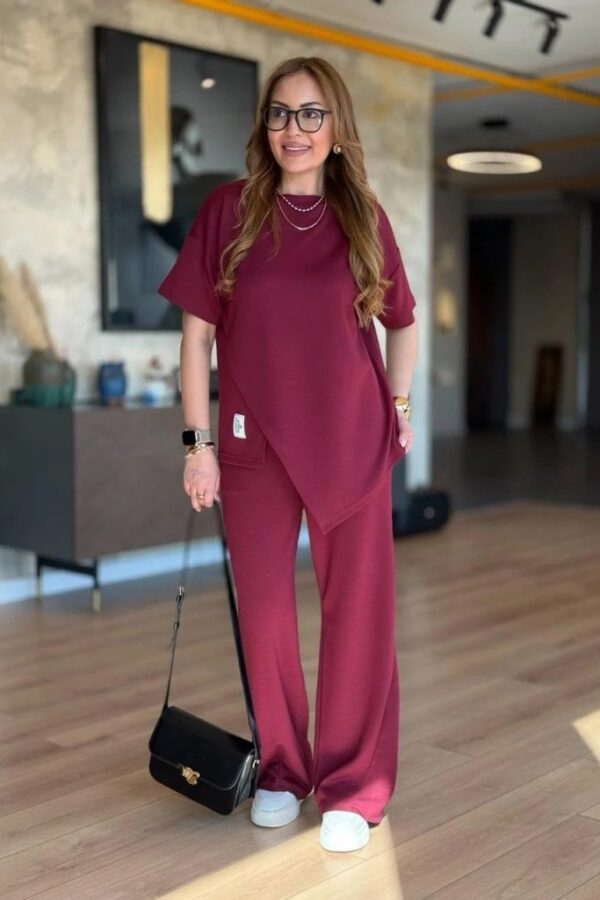 Kadın Kısa Kollu Bisiklet Yaka Asimetrik Viskon Iki Iplik Bluz Ve Pantolon Ikili Takım