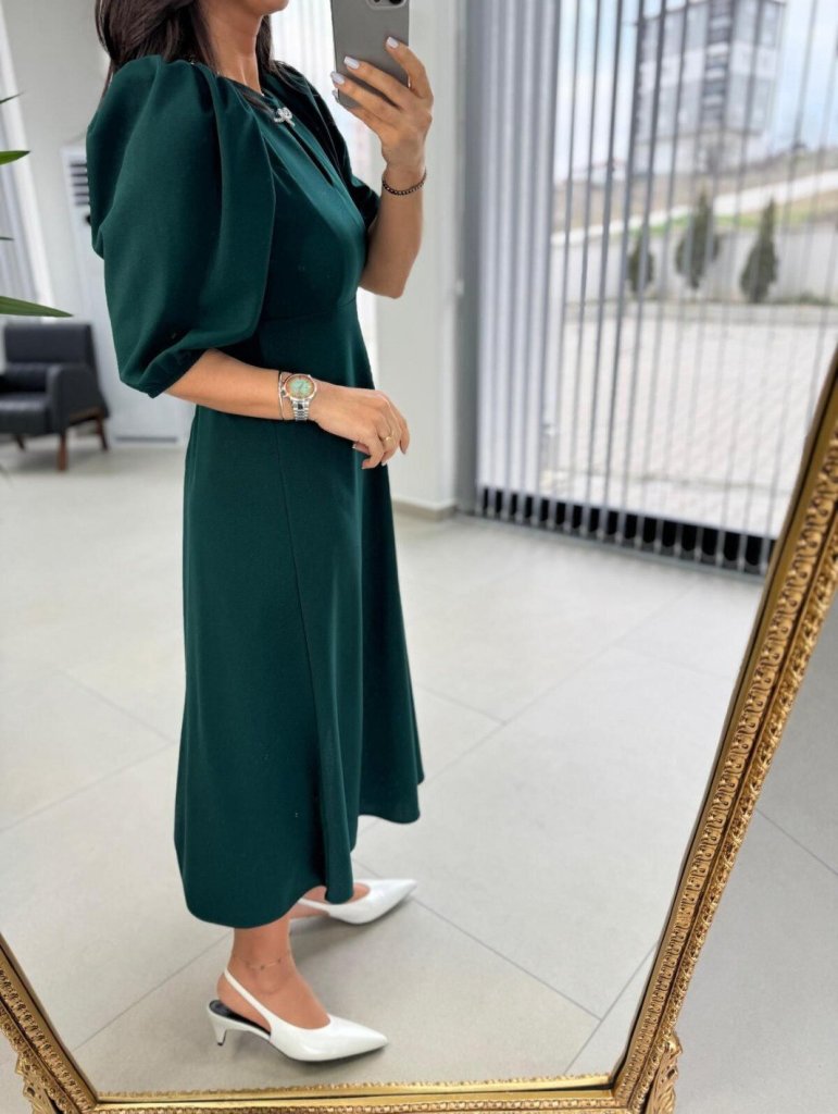 Kadın Kısa Kollu Bisiklet Yaka Fiyonk Broşlu Midi Janjan Krep Elbise - Görsel 8