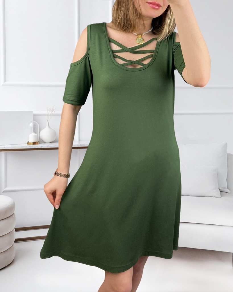 Dekolteli Bağcık Detay Viskon Kumaş Elbise - Görsel 9