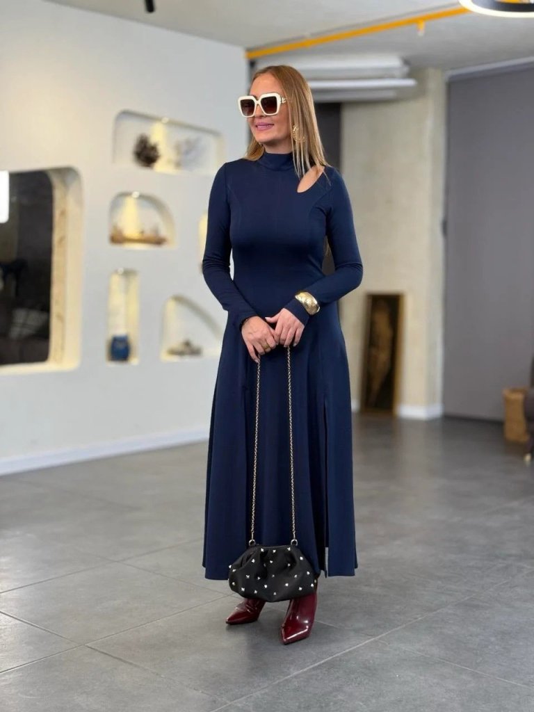 Kadın Balıkçı Yaka Damla Detaylı Yırtmaçlı Uzun Viskon Iki Iplik Maxi Elbise - Görsel 12