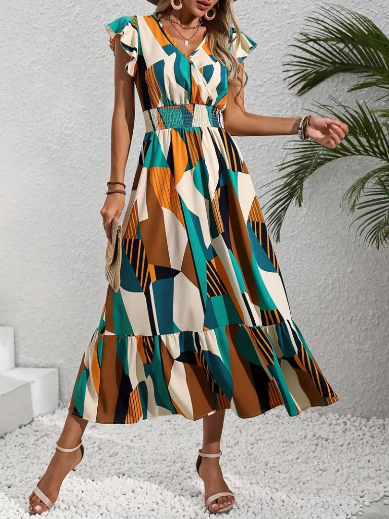 Kadın Kısa Kollu Kruvaze Yakalı Beli Lastikli Desenli Maksi Boy örme Krep Elbise - Görsel 6